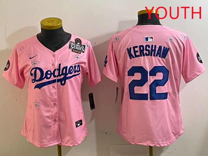 Youth Los Angeles Dodgers #22 Kershaw Pink White Blue Sakura Edition 2025 Nike MLB Jersey style 7